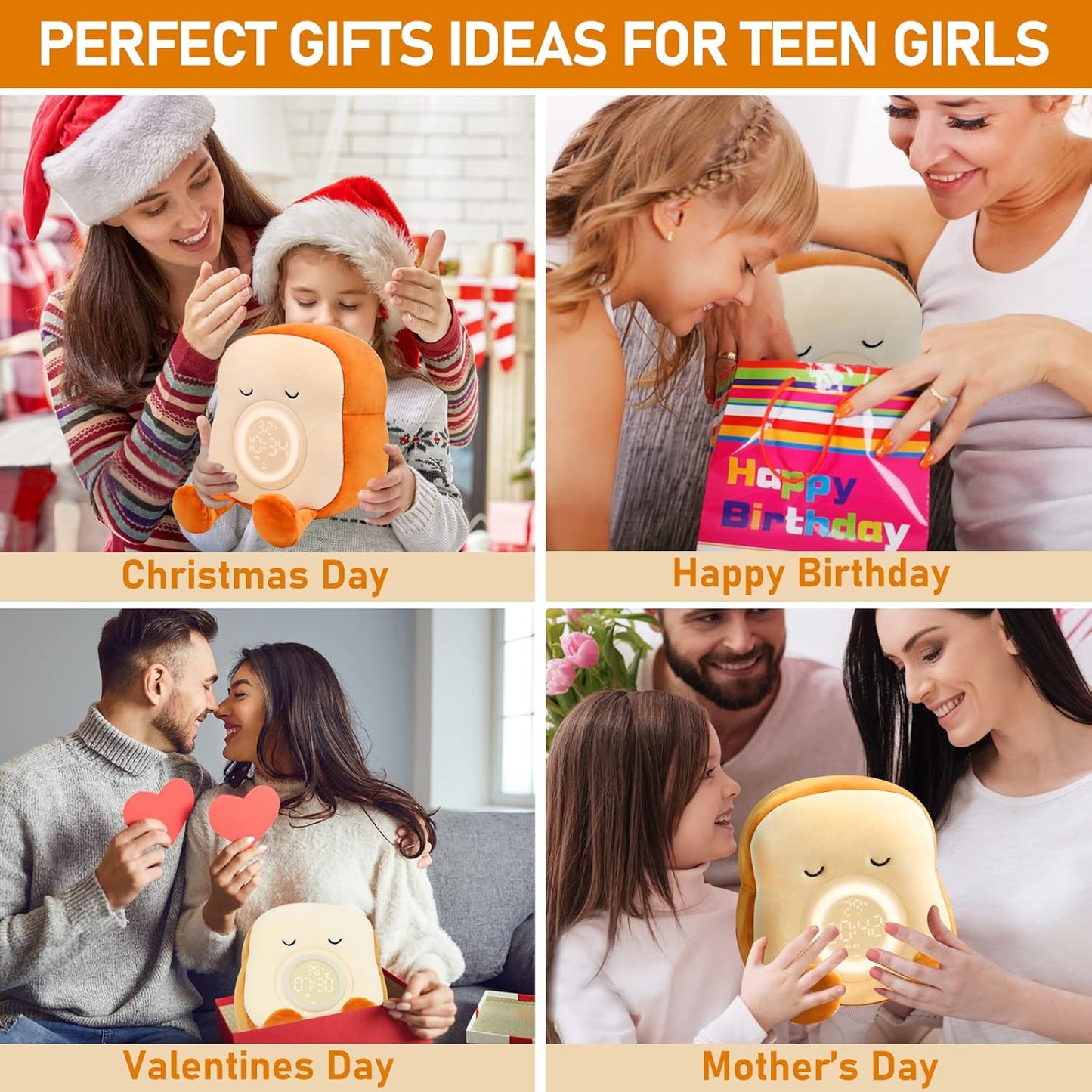 Plush Night Light Toy – Cute Toast Bread Alarm Clock with LED Lamp for Kids Bedroom