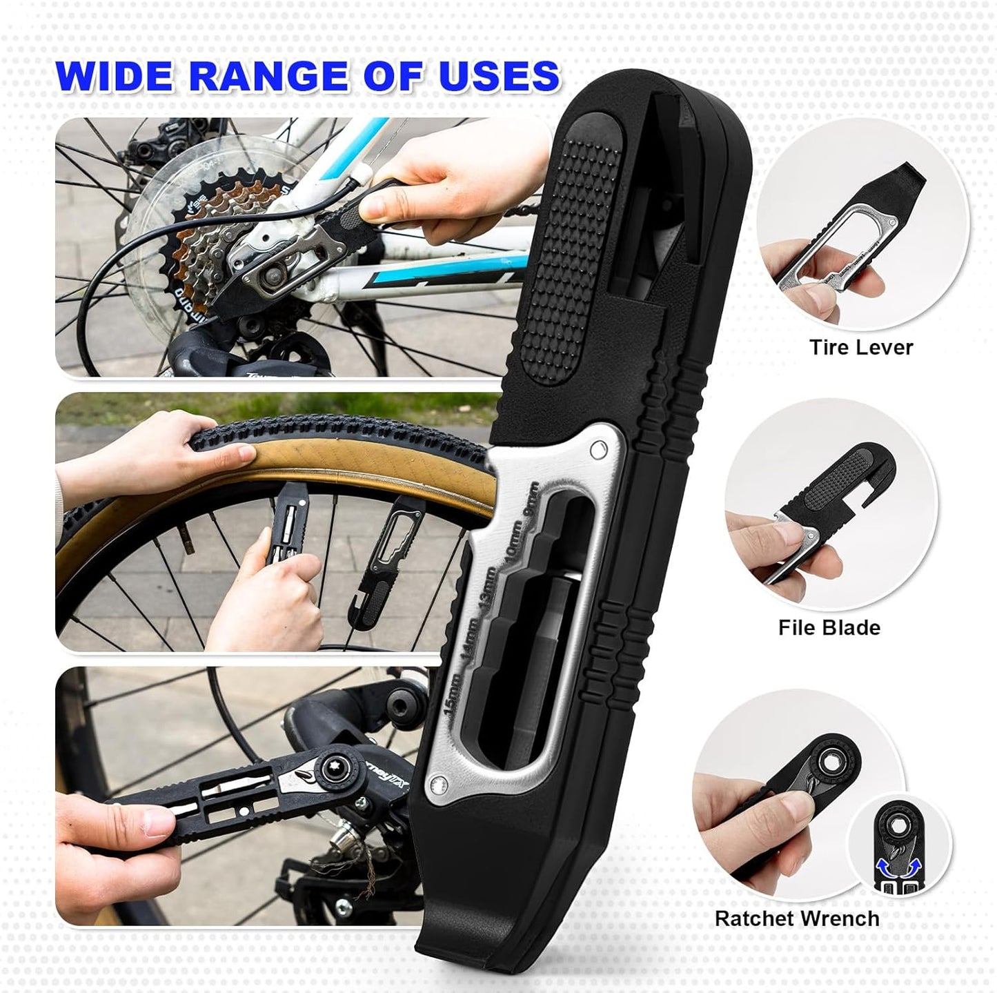 Bicycle Tire Lever Tool Set – 14-in-1 Portable Bike Multi-Tool with Mini Ratchet Wrench, Tire Levers