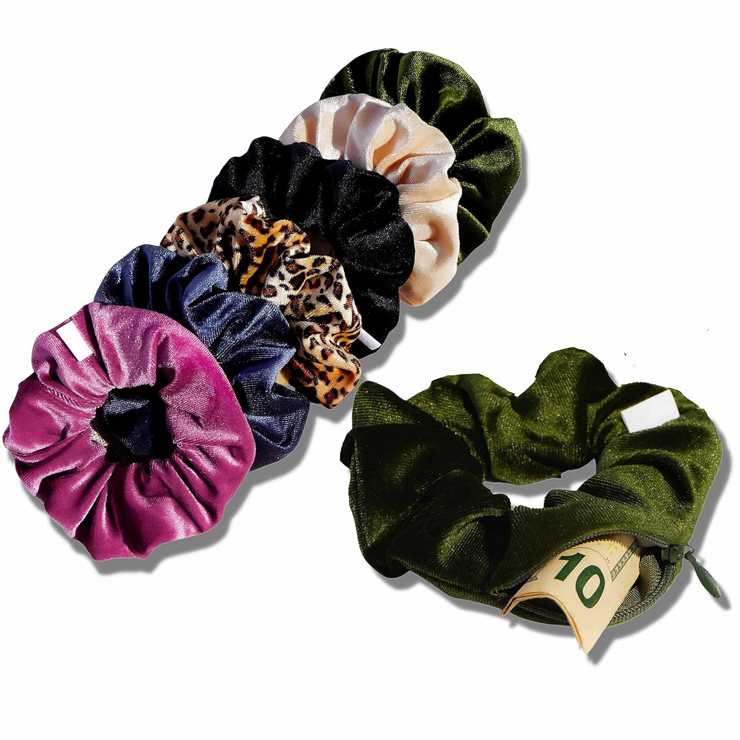 Velvet Scrunchies with Hidden Zipper Pocket – 3 Pack Assorted