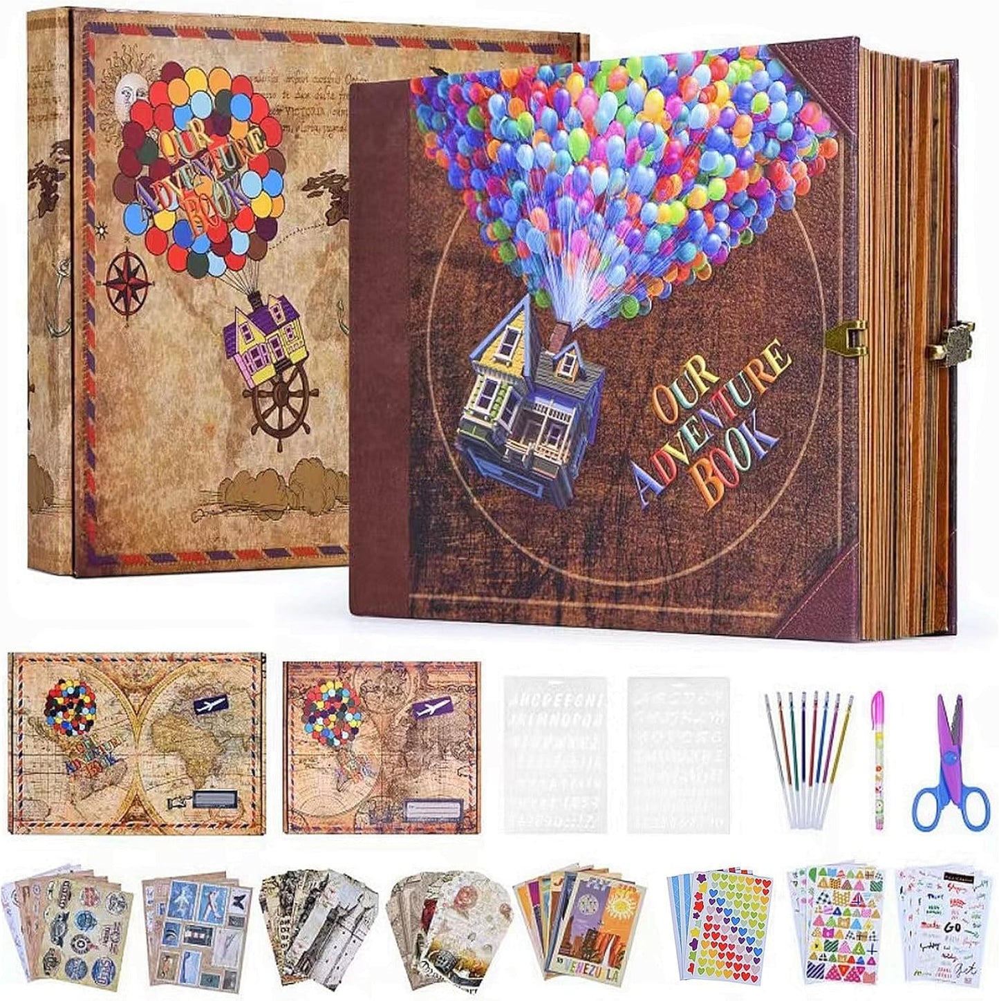 Adventure Book DIY Scrapbook Kit – 148 Pages with 3D Embossed Leather Cover & Full Accessories
