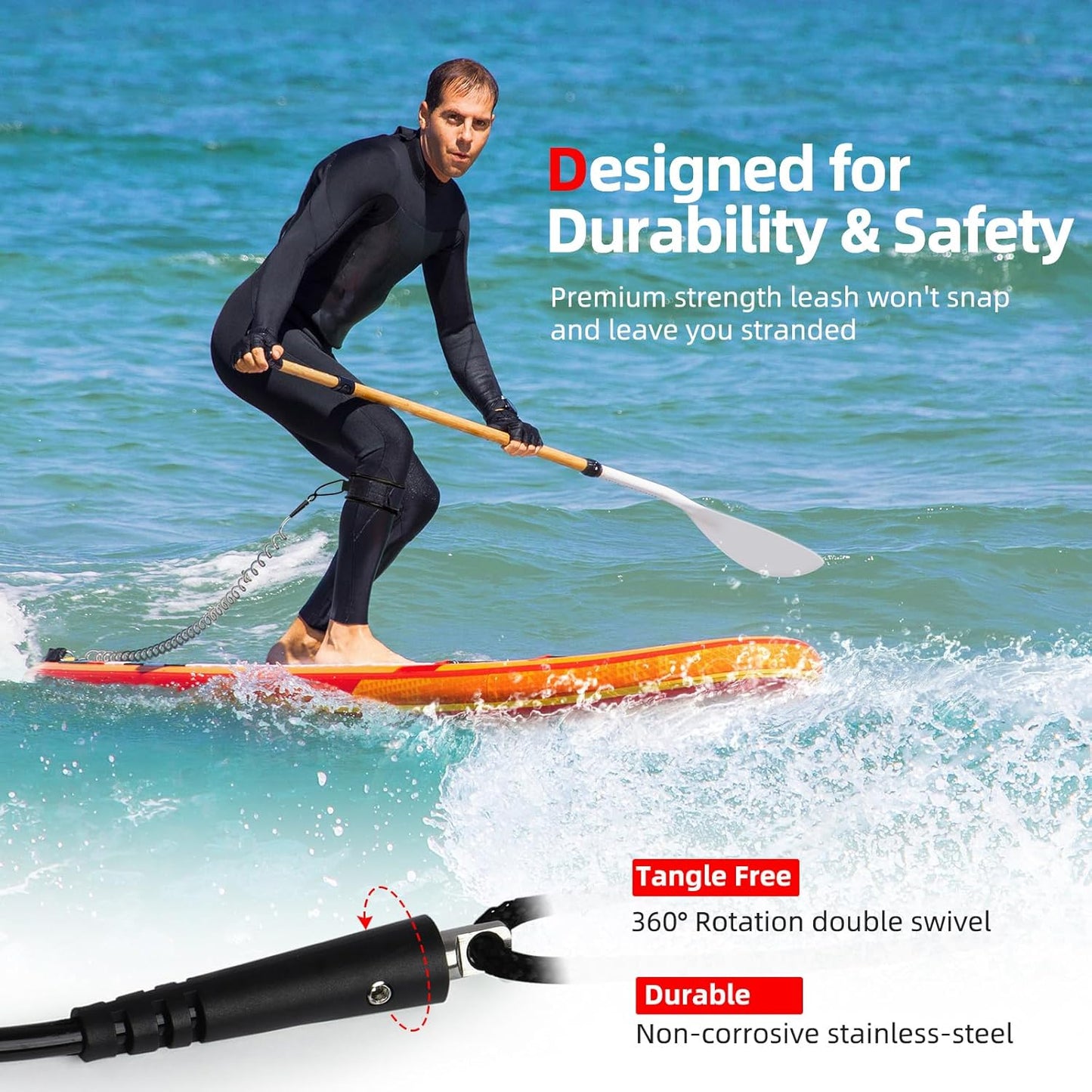10 ft 7 mm SUP Paddle Board Leash – Coiled with Premium Anti-Slip Cuff & Flexible Swivel Connector