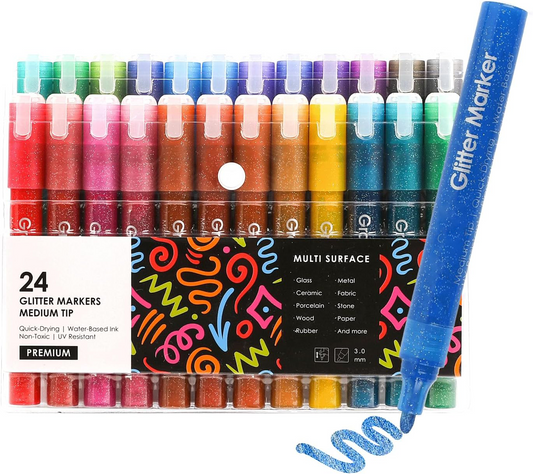 24-Pack Metallic Glitter Markers – Fine Tip Acrylic Paint Pens for DIY Crafts & Art Projects