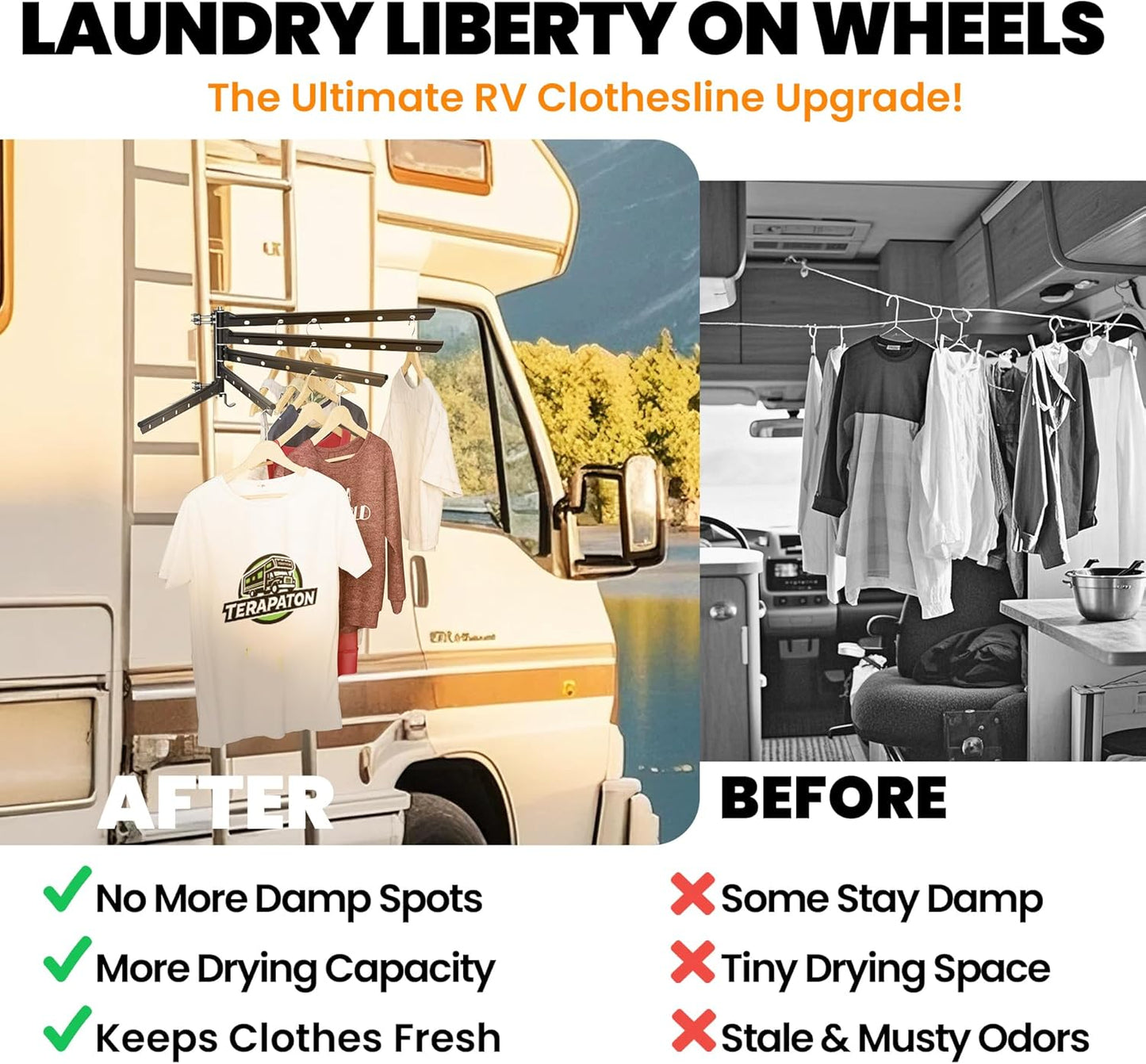 RV Clothes Drying Rack – 26.5" Wide, Ladder Mount, 5 Rotating Arms, All-Metal Foldable Design