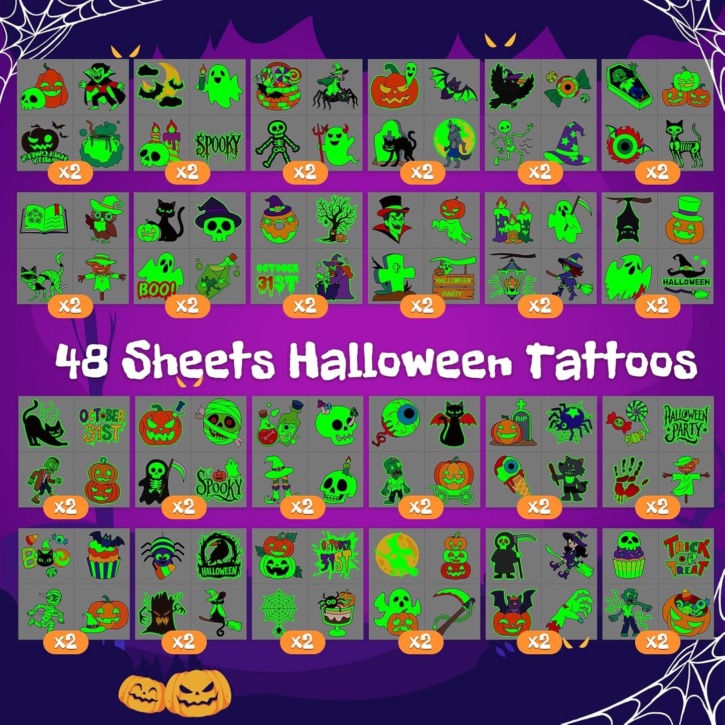 192 PCS Halloween Glow-in-the-Dark Temporary Tattoos for Kids – Party Decorations