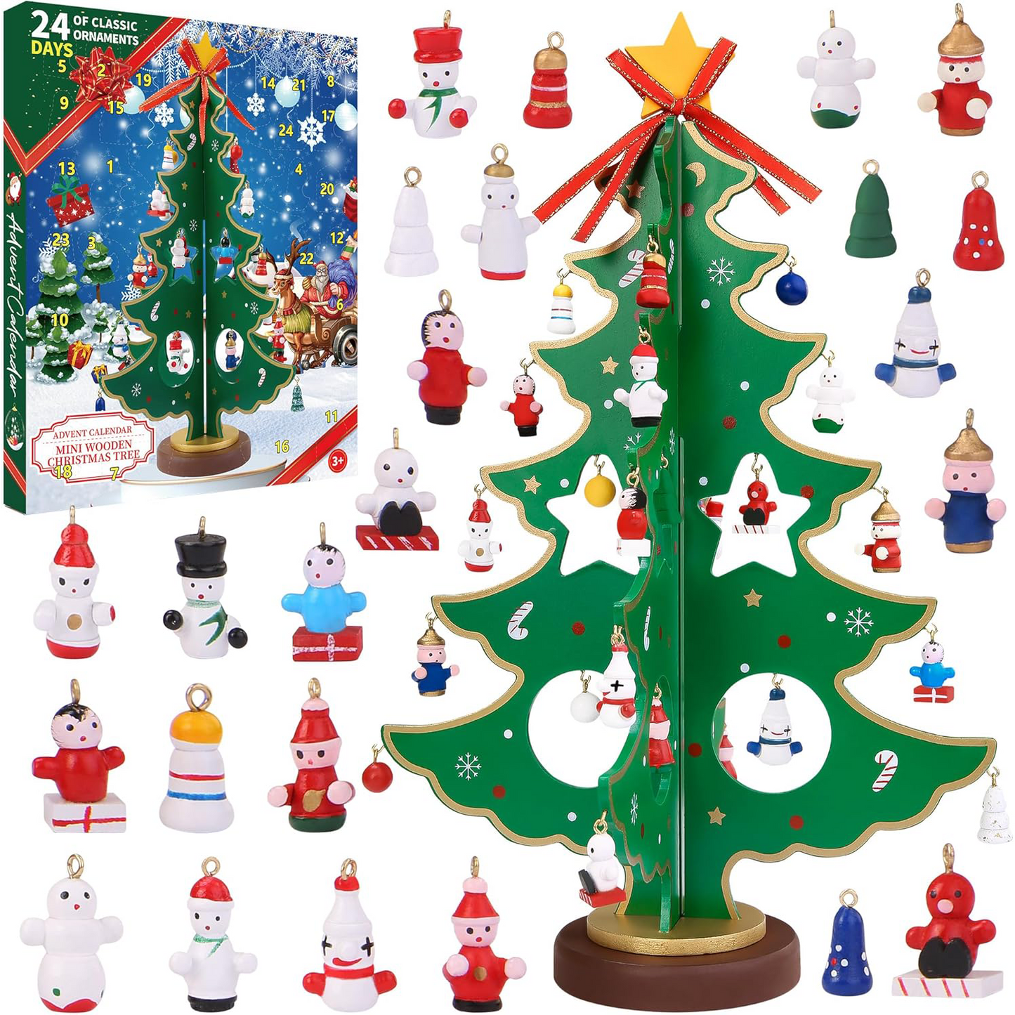 Christmas Advent Calendar – 24-Day Countdown with Wooden Tree & 28 Ornaments