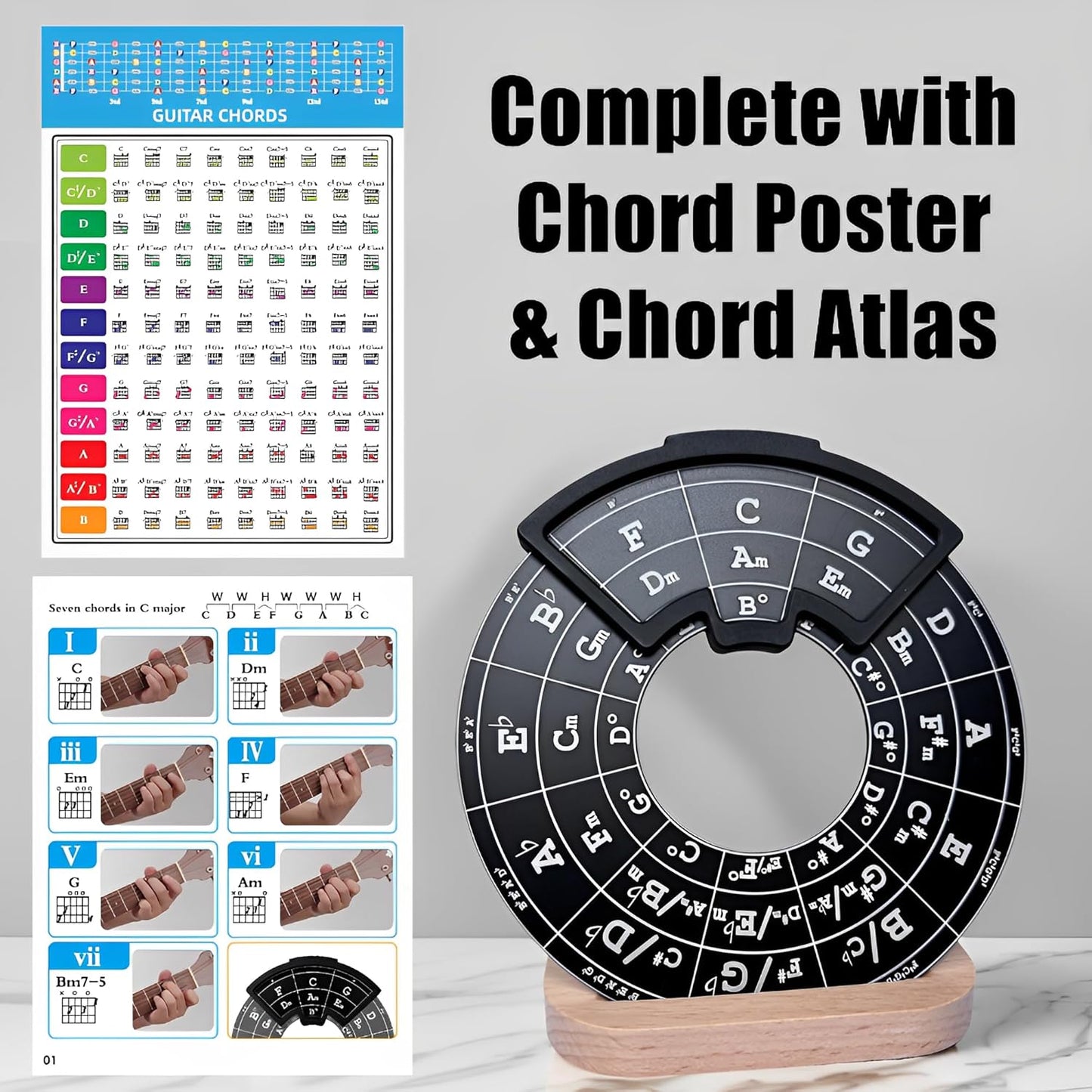 Circle of Fifths Metal Music Tool – With Guitar Chord Chart, Music Theory Book & Wooden Stand