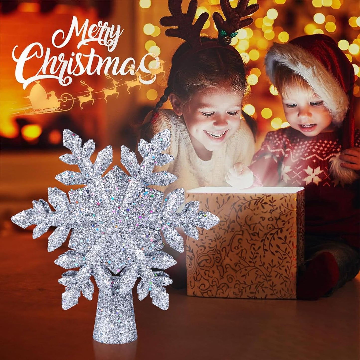 Christmas Tree Topper with 6 Projection Modes – 9.6" Hollow Snowflake Tree Topper