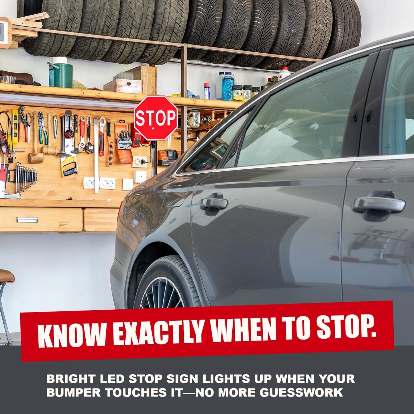 Garage Parking Aid with LED Stop Sign – Adjustable Height Car Stopper & Assist Indicator
