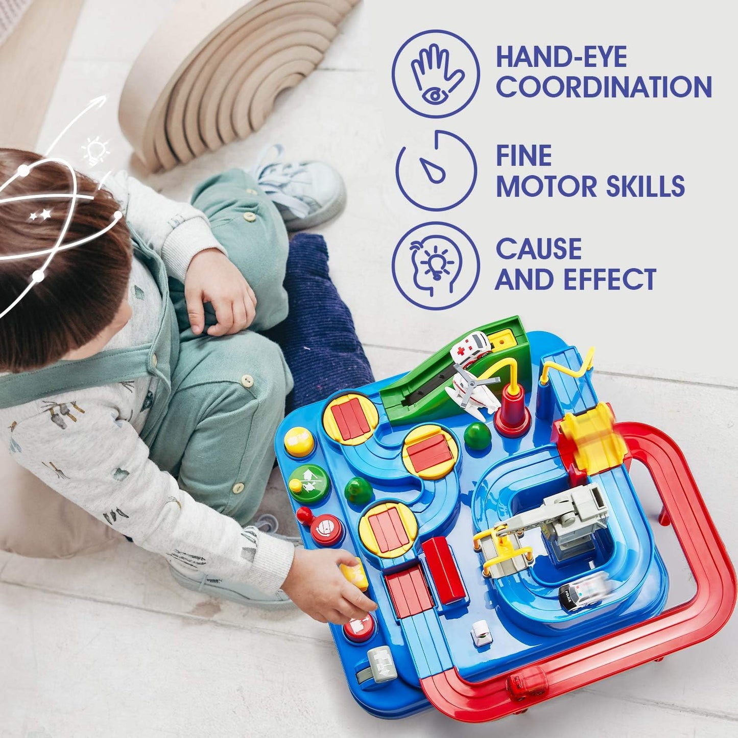 Toy Race Track Set for Boys Ages 3-5 – Large Montessori Car Playset with Interactive Buttons