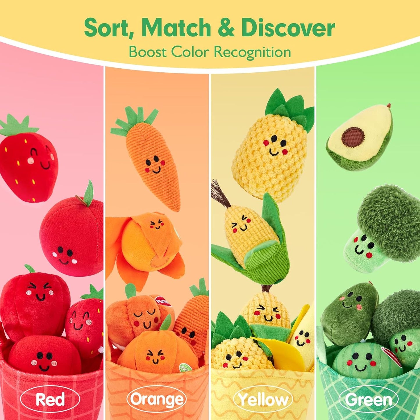 Baby Sensory Toys – 16 PCS My First Fruit & Vegetable Sorting Playset | Crinkle & Rattle