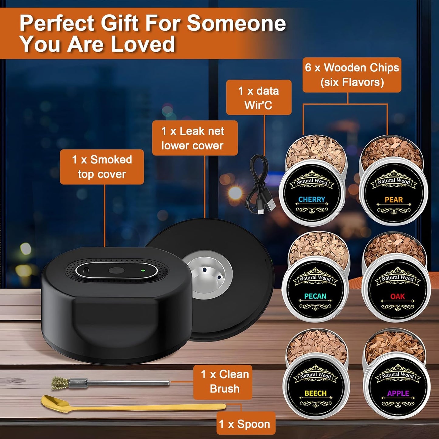 Electric Whiskey Smoker Kit – Rechargeable Cocktail Smoker with Built-in Lighter & 6 Wood Chips