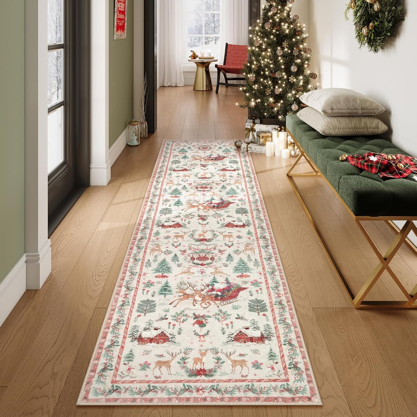 Christmas Runner Rug 2x8 Beige – Washable Non-Slip Carpet for Hallway, Kitchen, and Bathroom