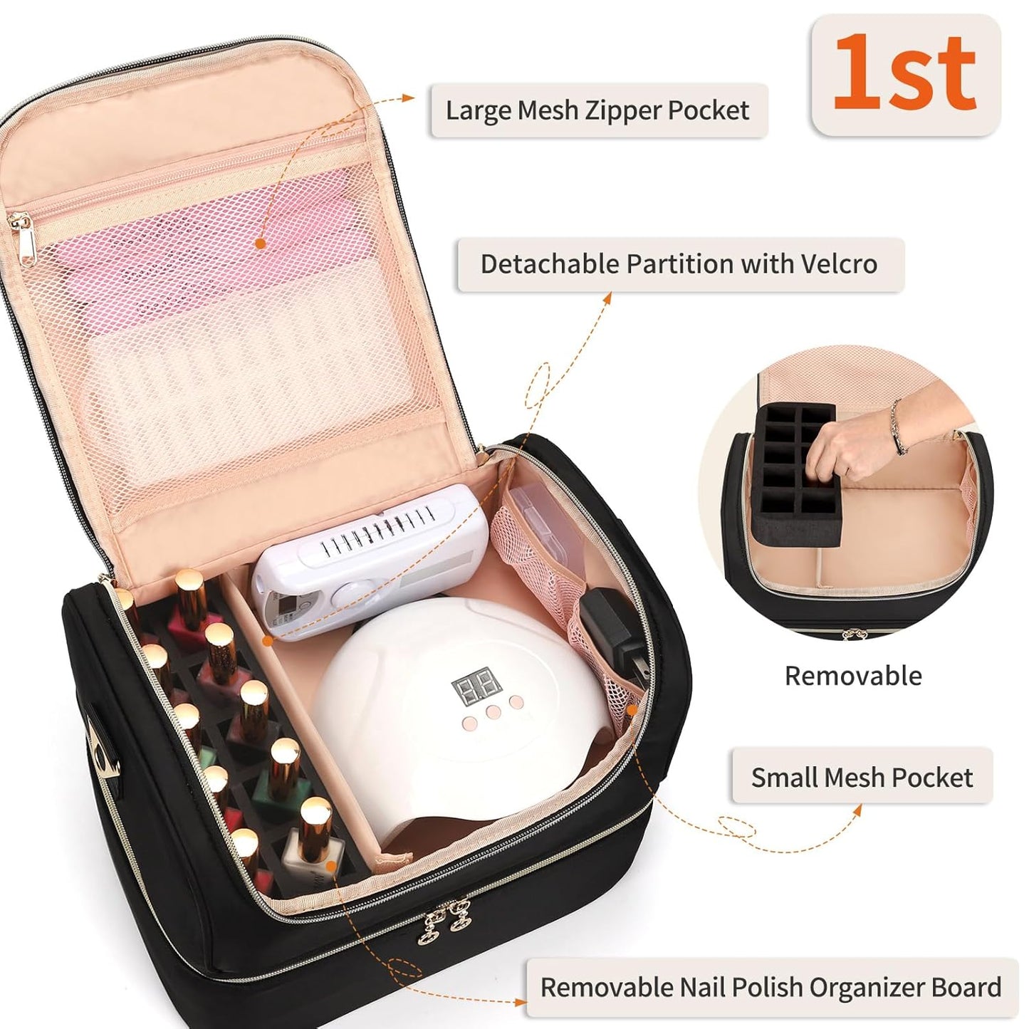 Portable Nail Polish Storage Box | Travel Nail Art Organizer for 45 Bottles & LED Lamp