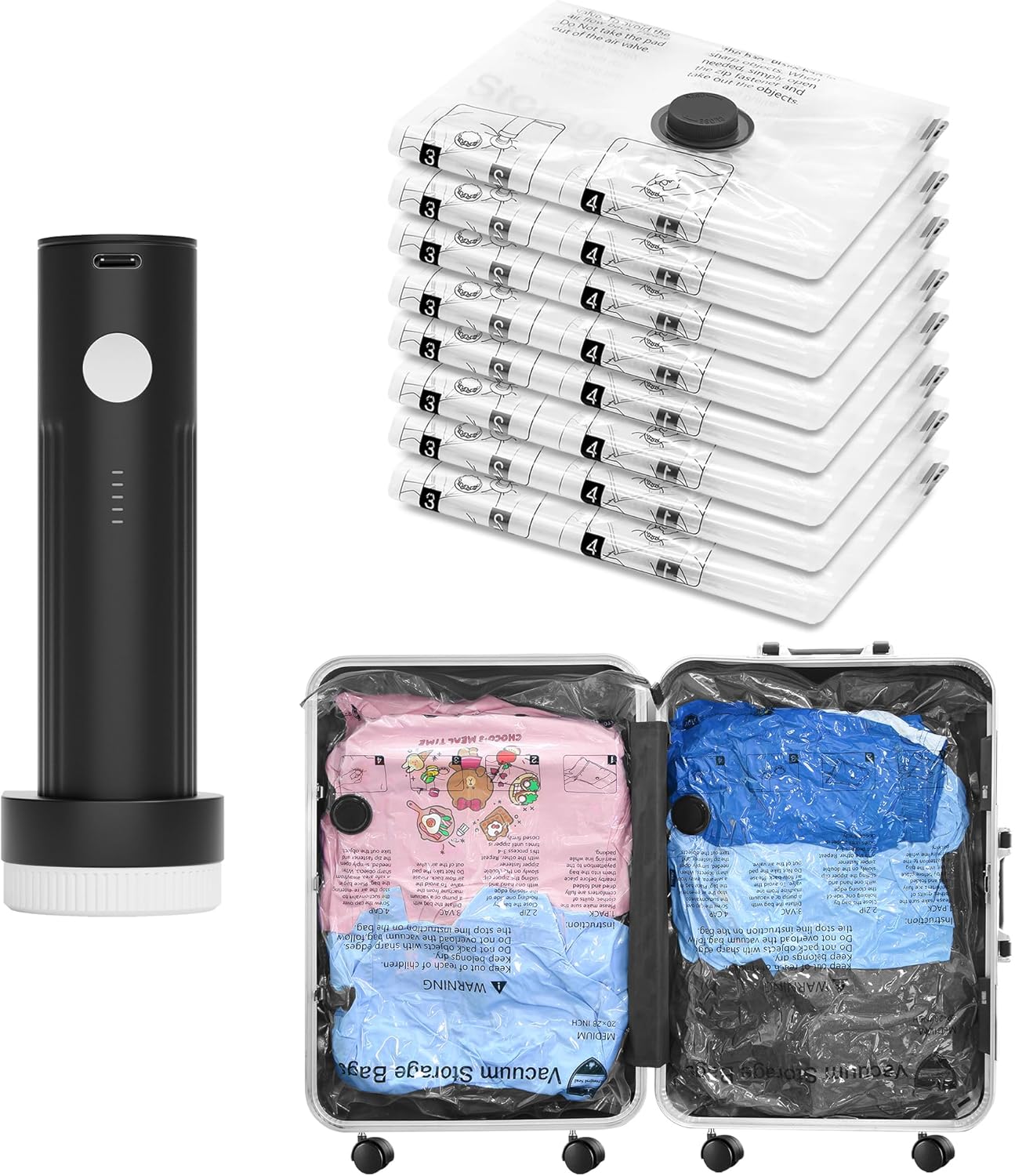 Travel Vacuum Bags with Electric Pump – Space Saver Compression Bags for Clothes & Luggage