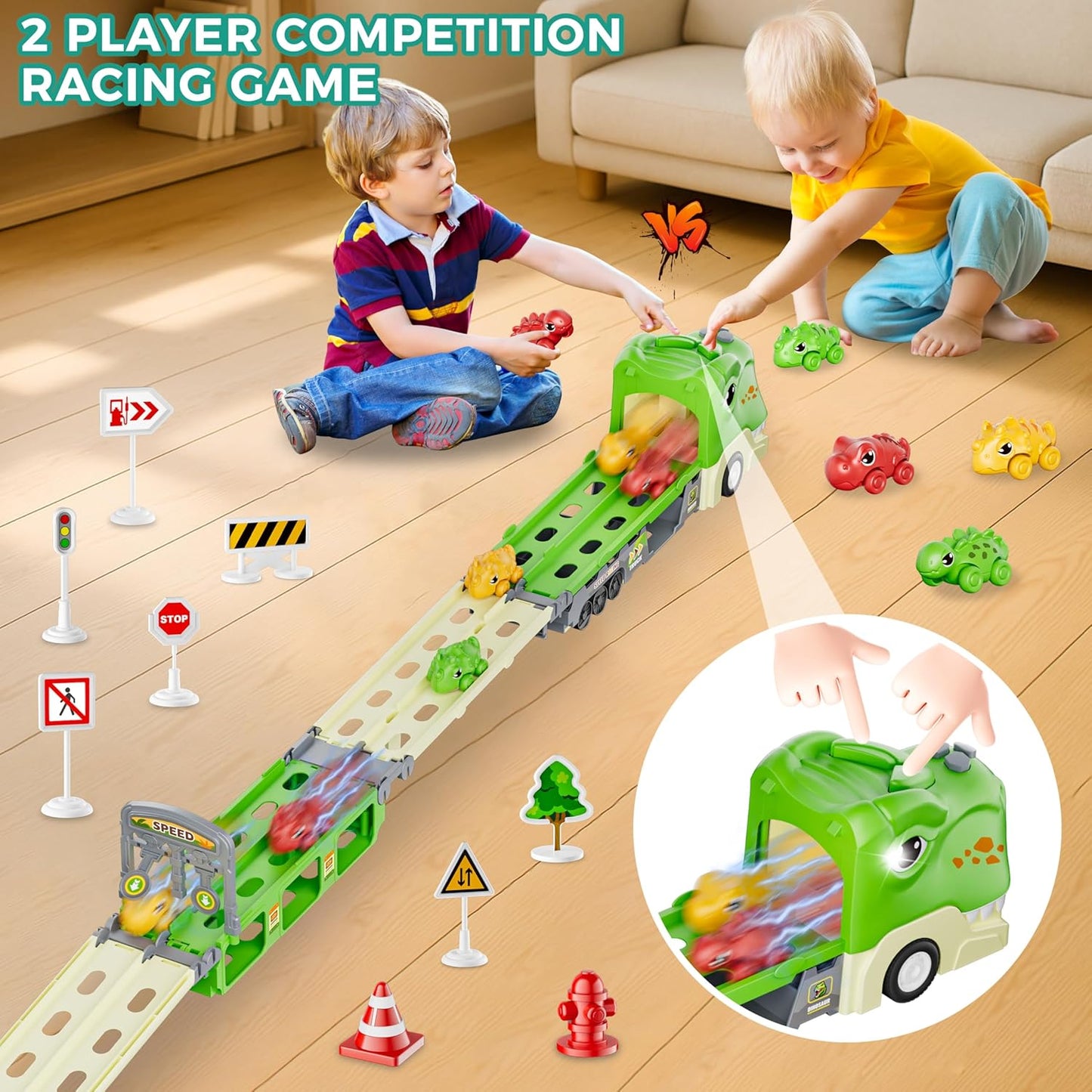 Dinosaur Truck Toy – Foldable Track with 2-Player Racing Mode