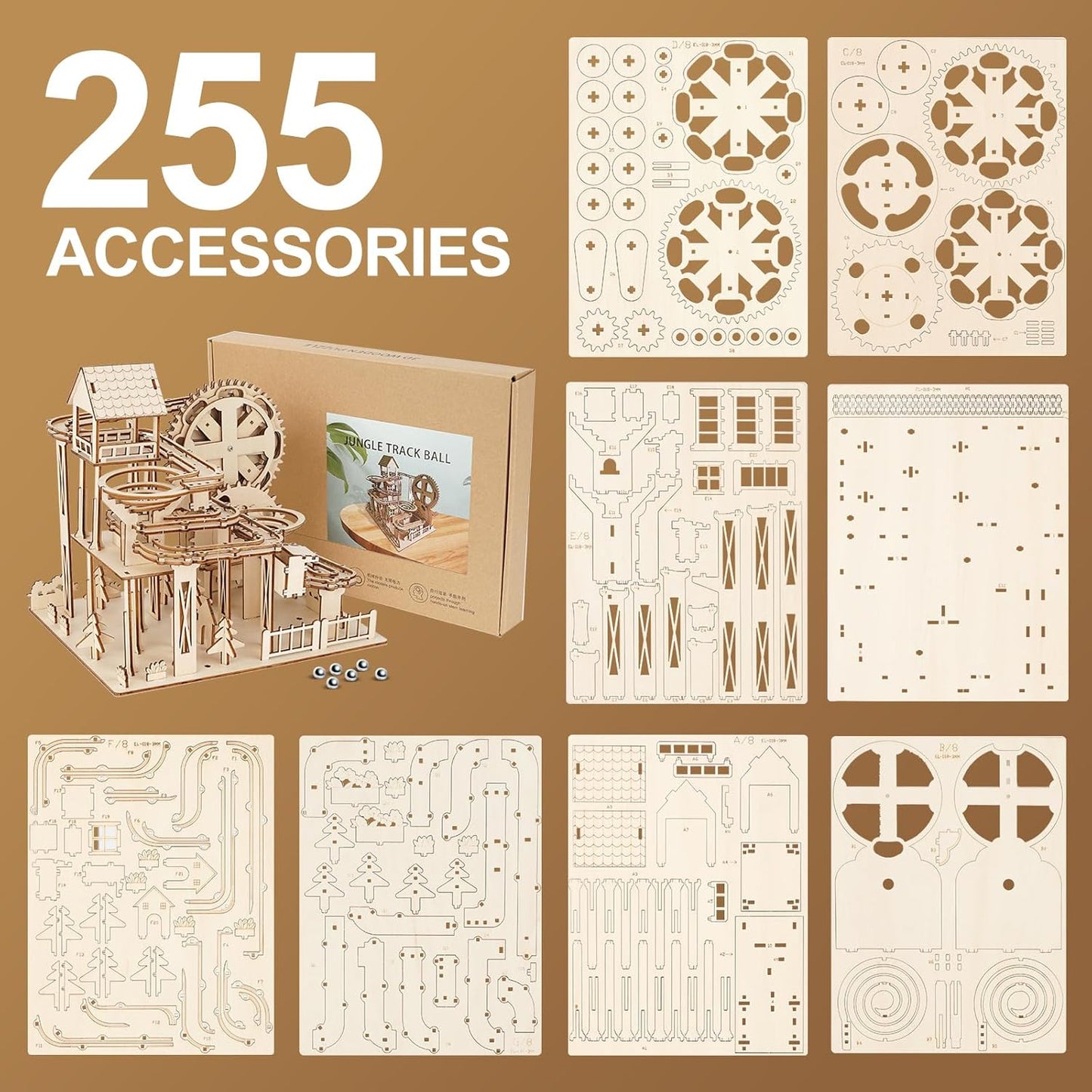 3D Wooden Puzzle Marble Run Set – DIY Mechanical Gear Model Kit for Adults