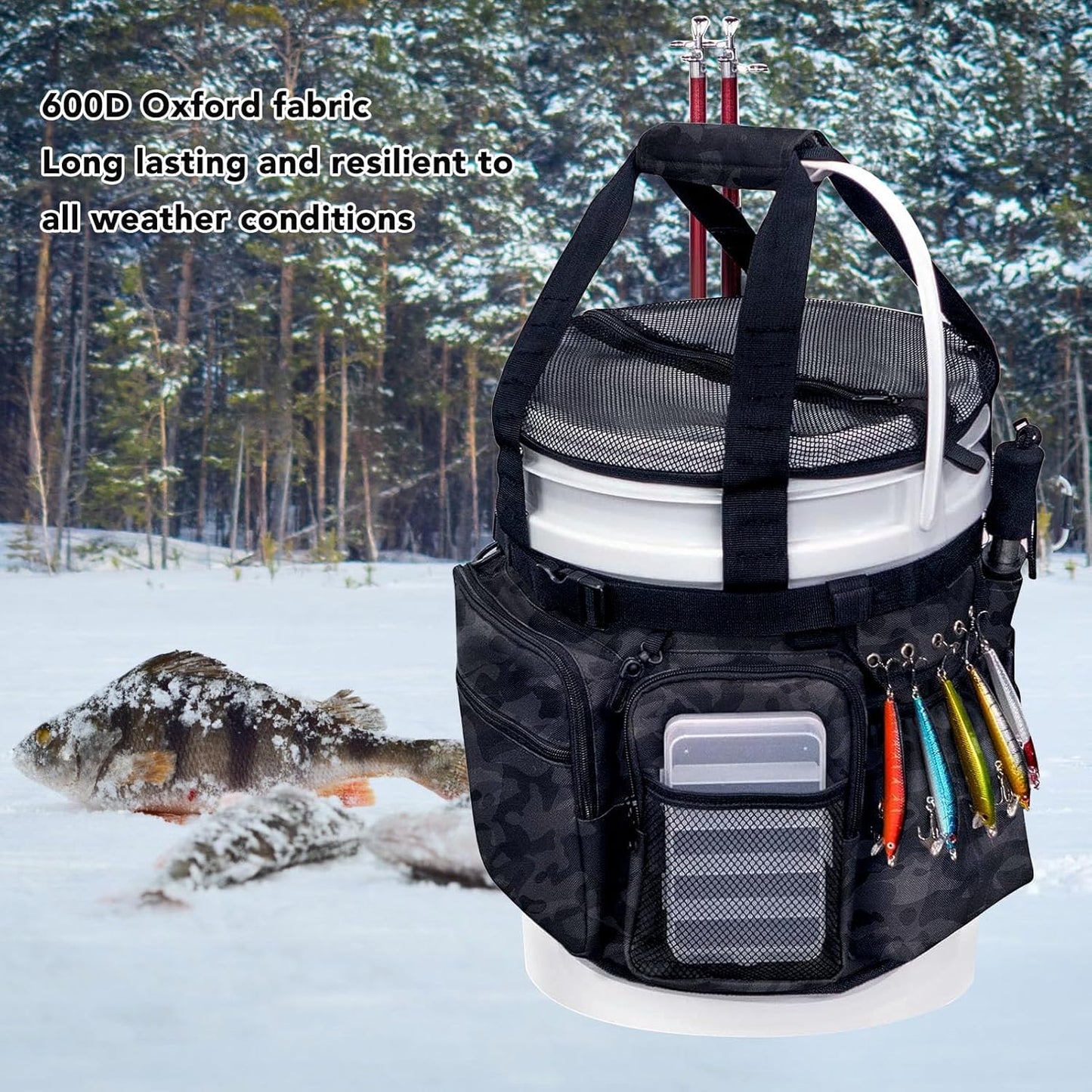 Fishing Bucket Organizer with Bucket Cover – Multi-Pocket Tackle Bag with Rod