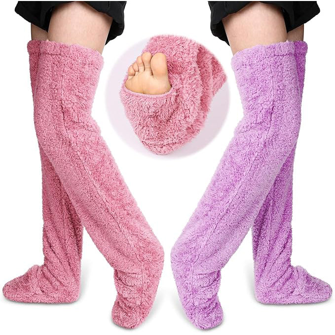 2 Pairs of Fuzzy Over-the-Knee Warm Socks for Women – Winter Plush Leg Warmers