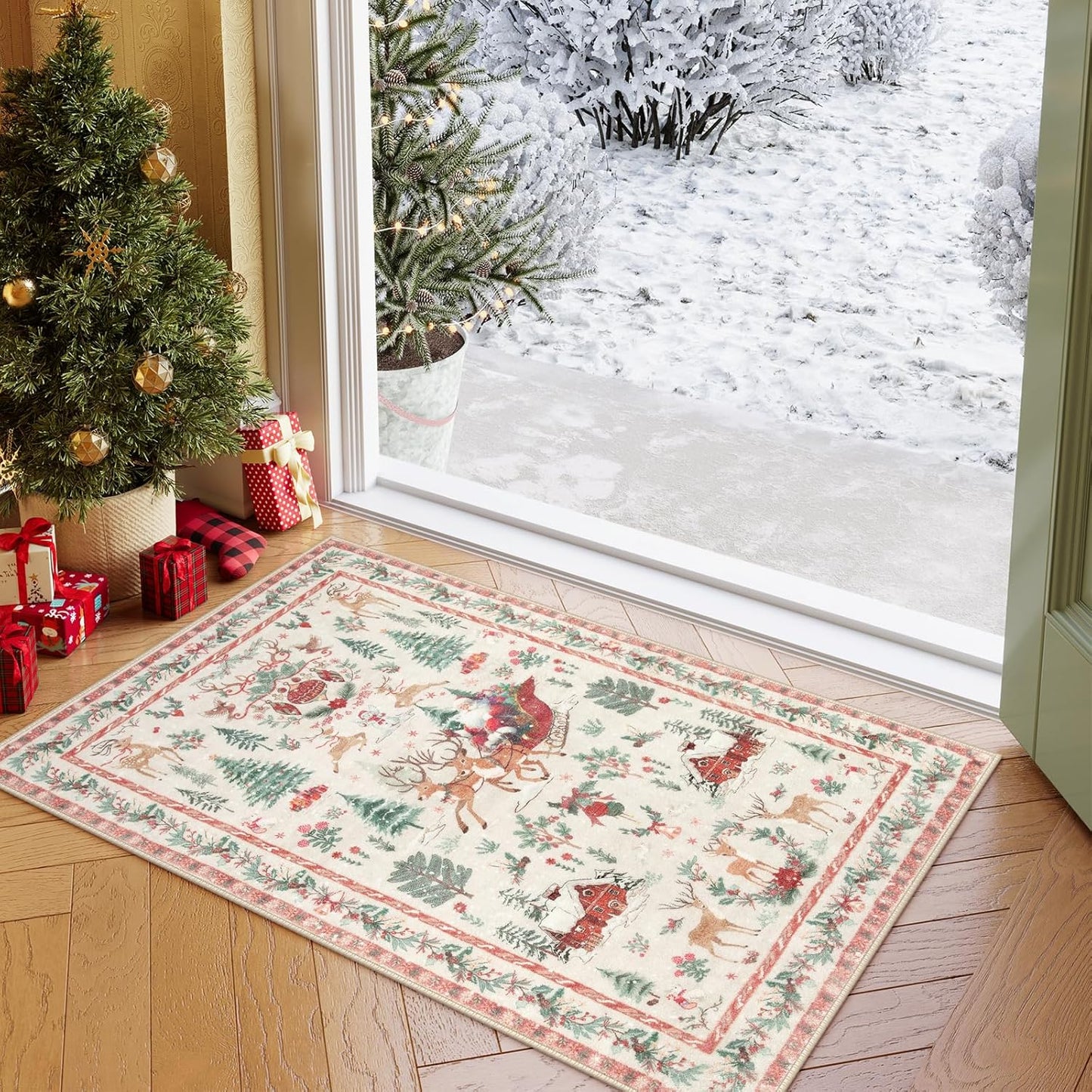 Christmas Runner Rug 2x8 Beige – Washable Non-Slip Carpet for Hallway, Kitchen, and Bathroom