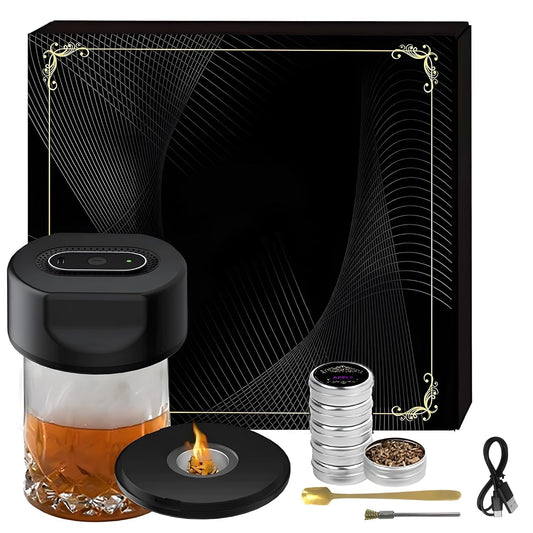 Electric Whiskey Smoker Kit – Rechargeable Cocktail Smoker with Built-in Lighter & 6 Wood Chips