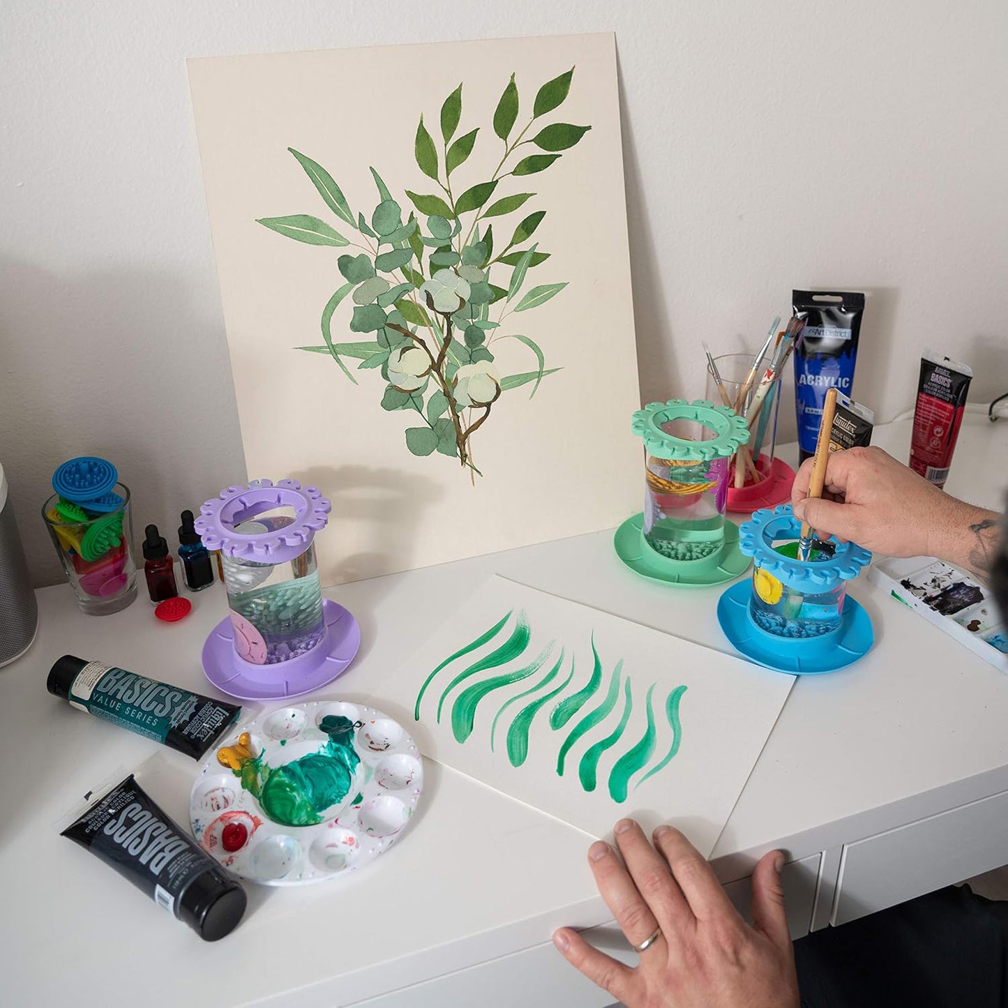 Paint Brush Cleaner Cup – Anti-Spill Rinse Cup with Brush Holder, Rubber Scraper & Drip Tray