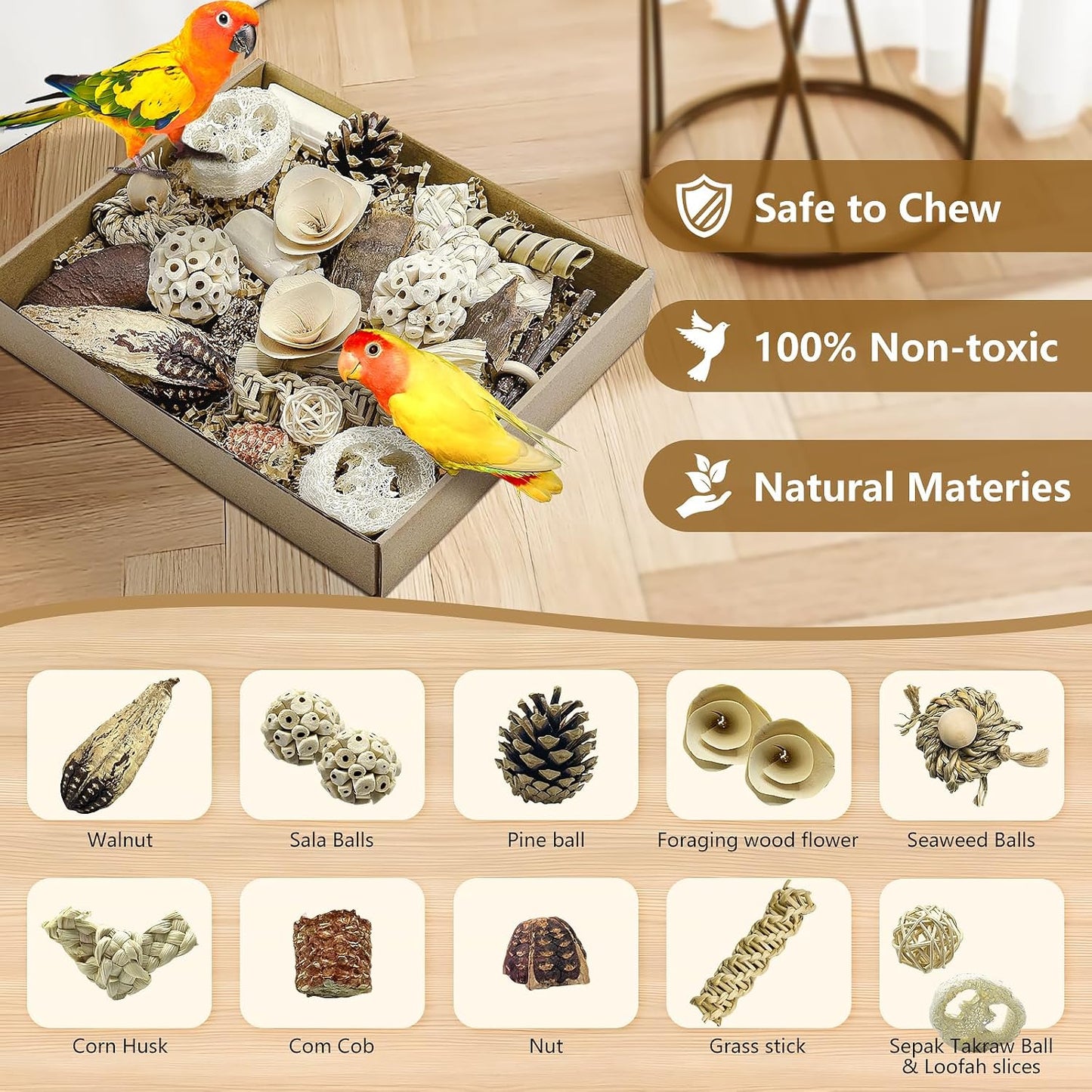 Natural Bird Toy Foraging Parrot Shredding Toys Box – Safe, Fun, and Engaging for Small-Medium Birds