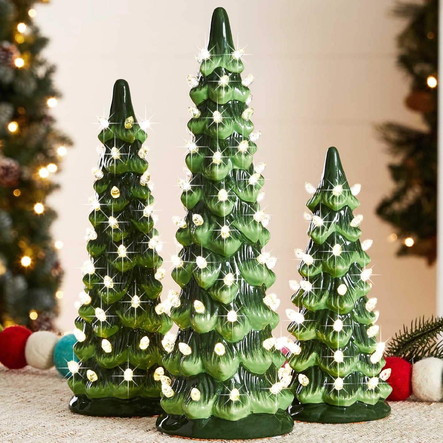 3-Piece Ceramic Christmas Tree Set – Pre-Lit Hand-Painted LED Desktop Decor