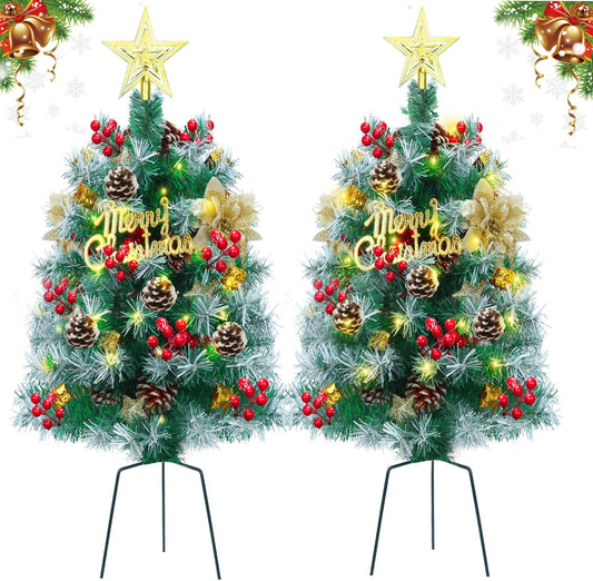 2-Pack 2.6ft Pre-Lit Christmas Pathway Trees with Pinecones | Warm White LEDs, Battery Operated