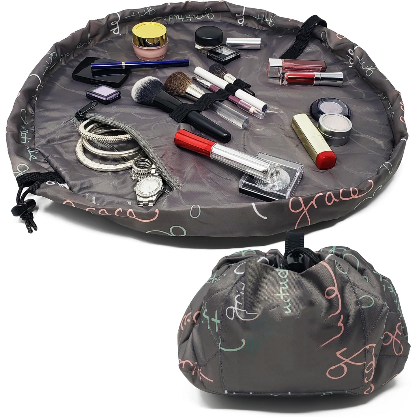 Drawstring Makeup Bag – Portable Travel Organizer with Pockets and Handles