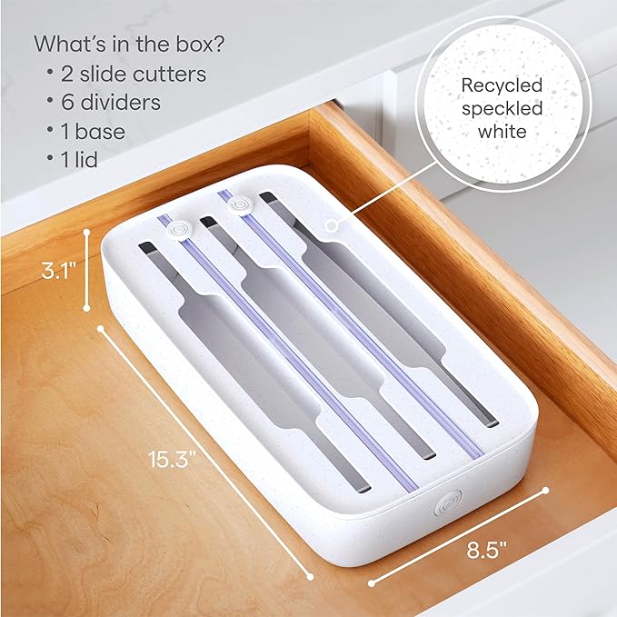 Plastic Wrap Dispenser – 3-in-1 Drawer Organizer | Fits Foil/Plastic Wrap/Parchment/Wax Paper | with Safe Cutters & Labels | Kitchen Storage Solution