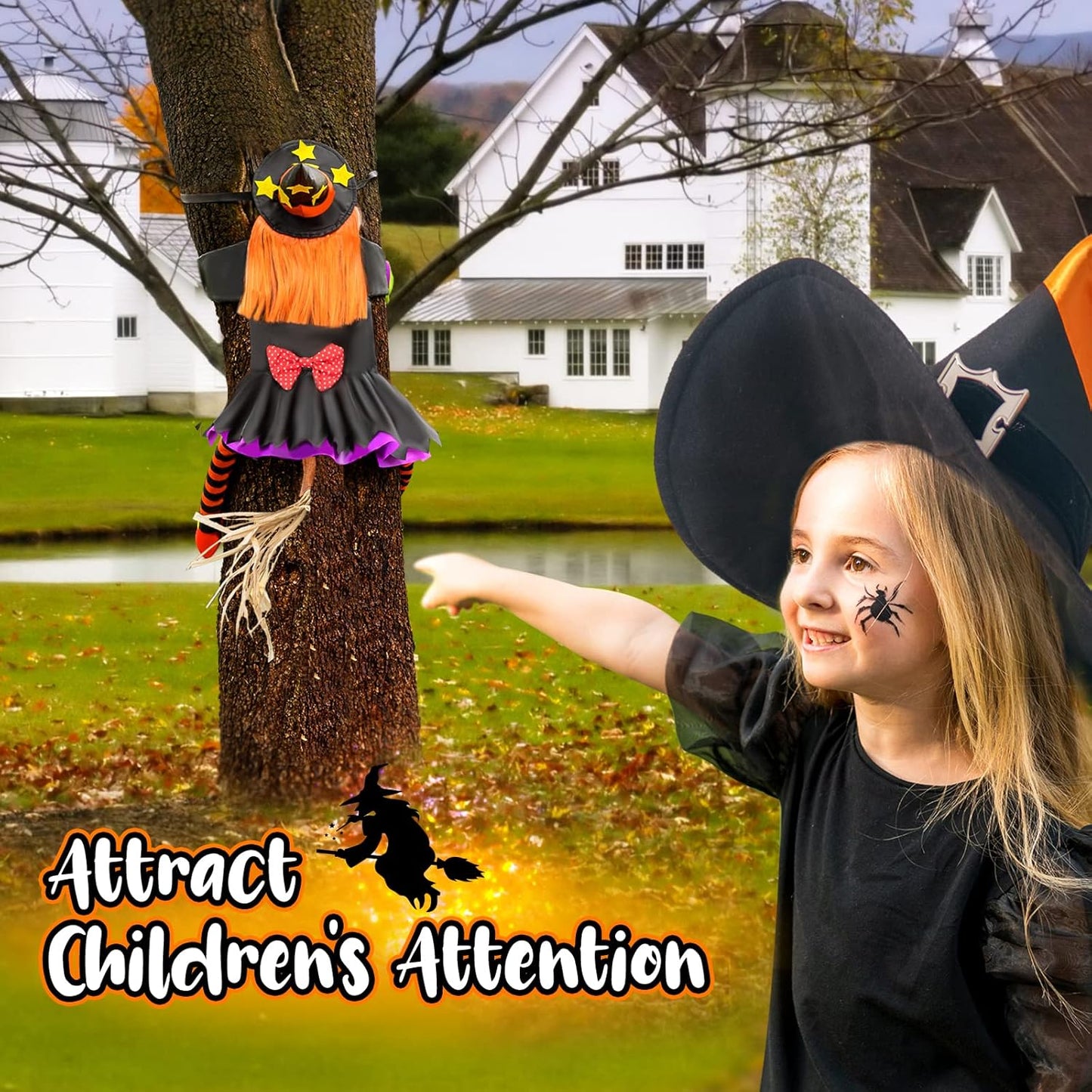 Outdoor Halloween Crashing Witch Decoration – 44" Hanging Tree Witch Decor
