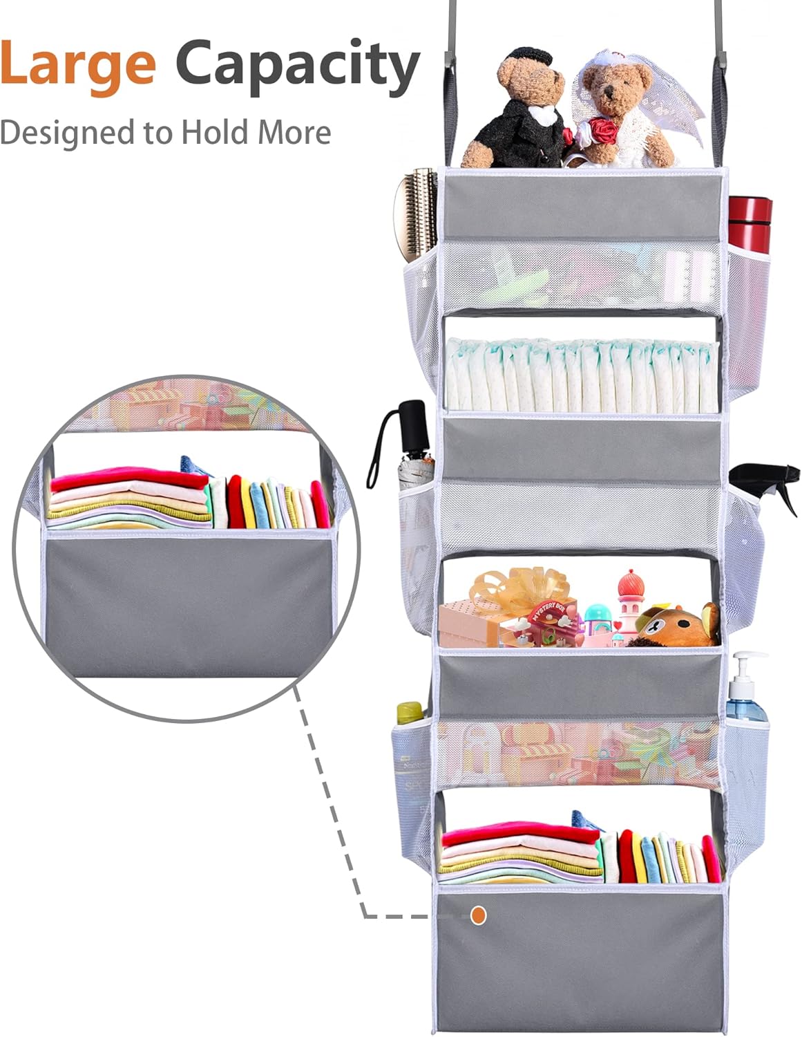Over-the-Door Storage Organizer – Single Pack | 5 Large Pockets & 10 Mesh Side Pockets | Holds Up to 44lbs | Transparent Window | Ideal for Bedroom/Nursery/Toys/Shoes/Diapers