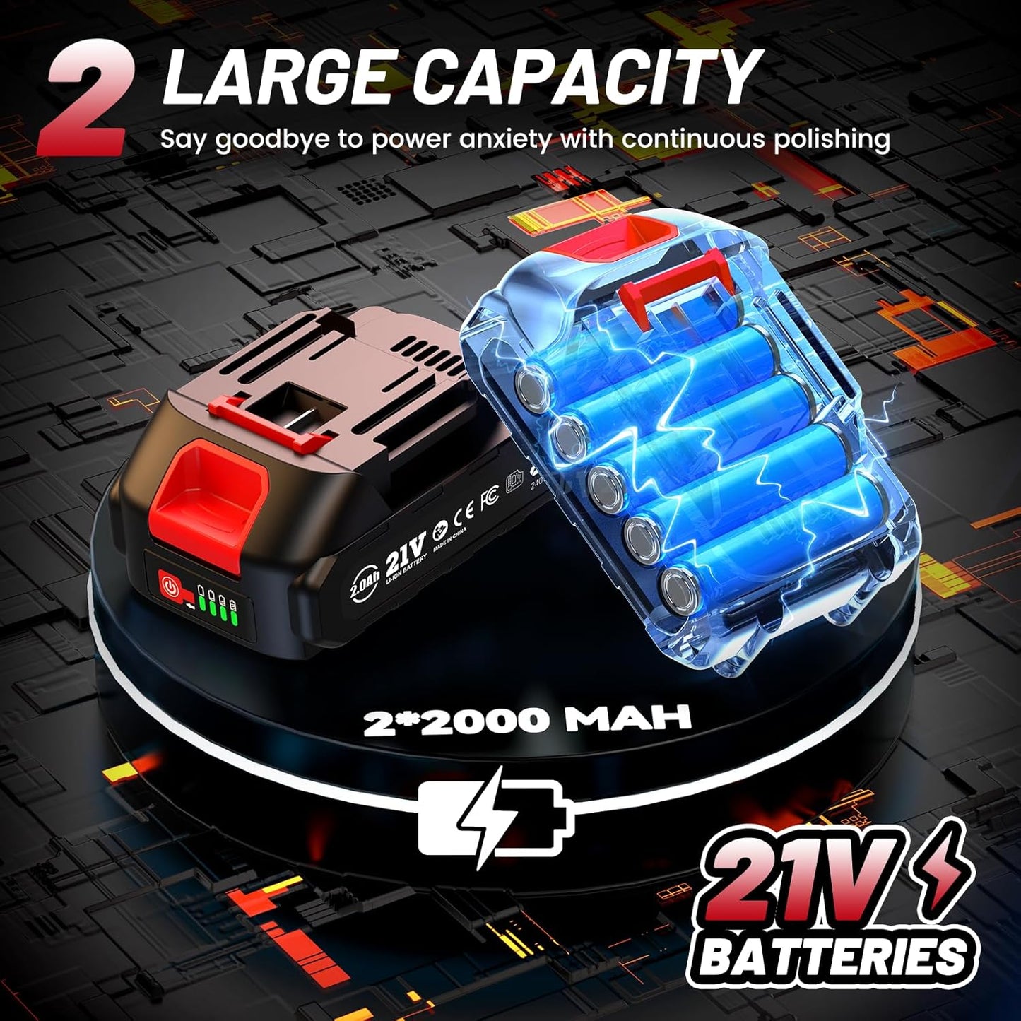 Cordless Car Buffer Polisher kit w/ 2x2000mAh 21V Batteries