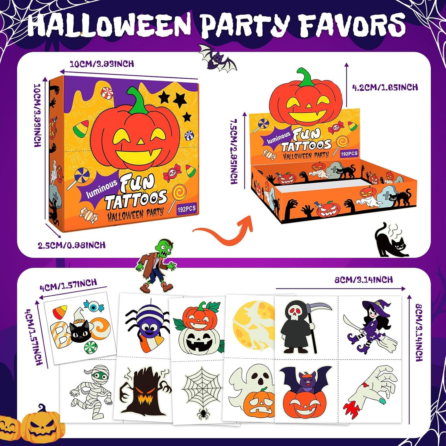 192 PCS Halloween Glow-in-the-Dark Temporary Tattoos for Kids – Party Decorations