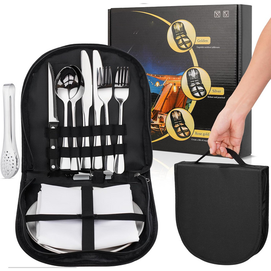 Portable Camping Cutlery Set for 2 – Stainless Steel with Travel Bag