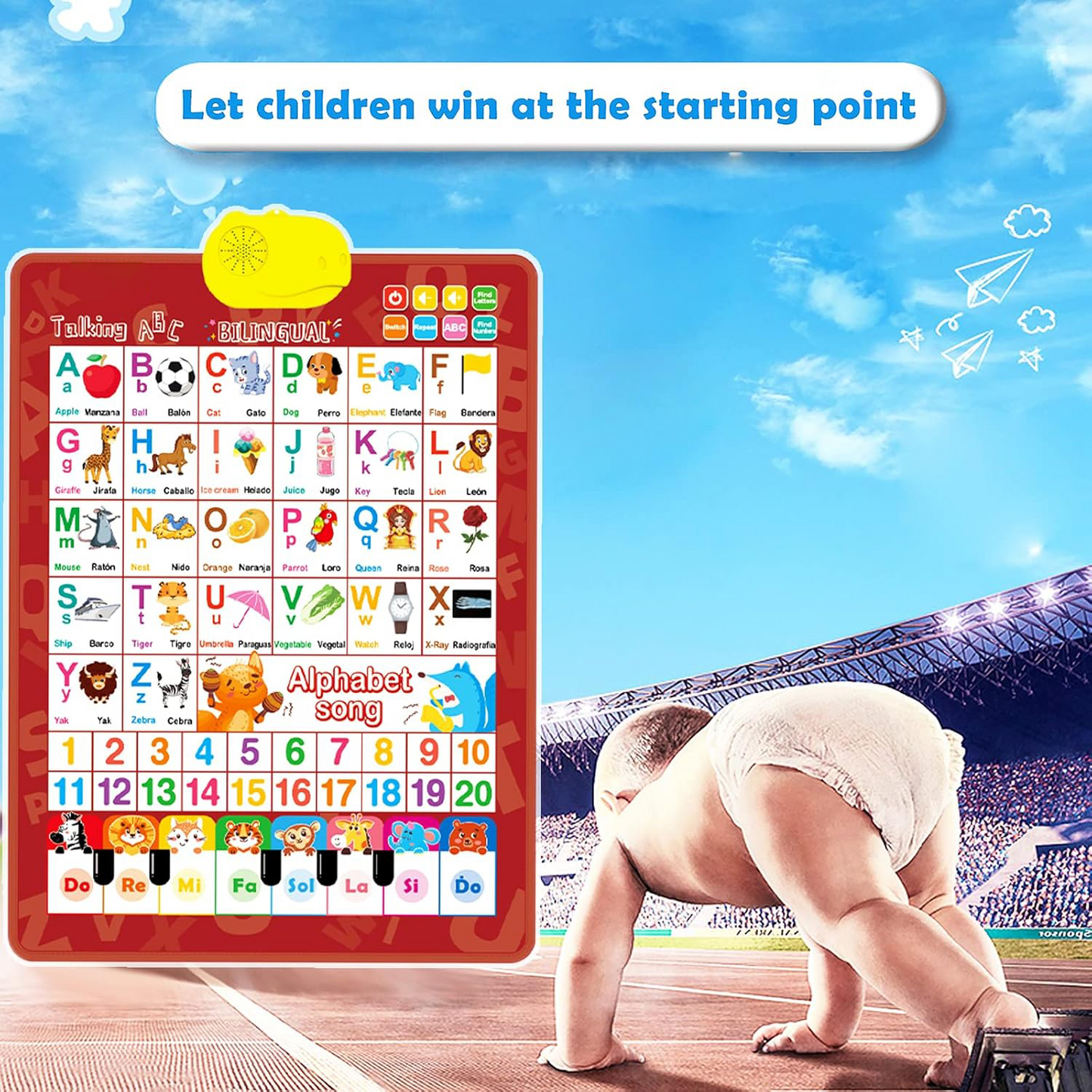 Bilingual Alphabet Interactive Wall Chart – English & Spanish Learning Poster with ABC, 123, and Music for Kids Ages 3+