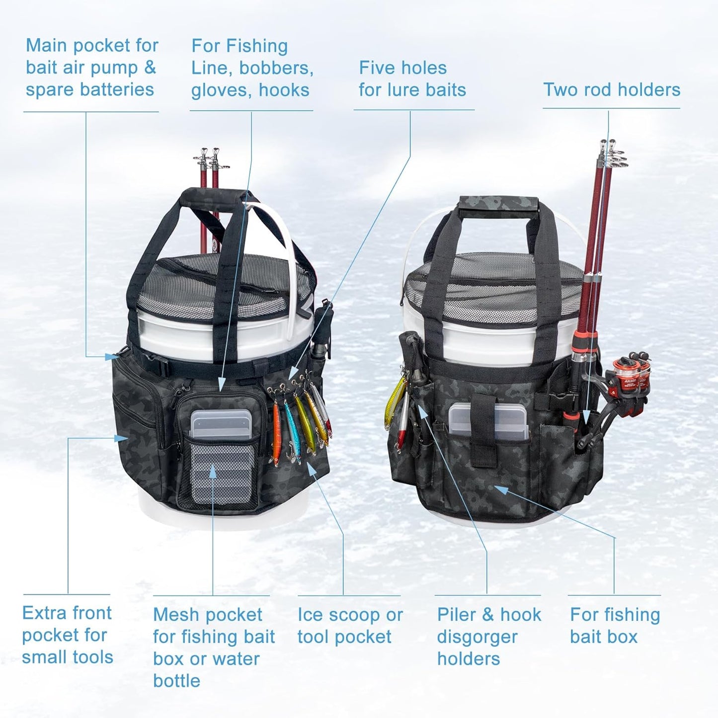 Fishing Bucket Organizer with Bucket Cover – Multi-Pocket Tackle Bag with Rod