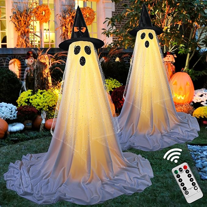 2-Pack Outdoor Halloween Ghost Decorations – Indoor & Outdoor Party Must-Have | With Remote-Controlled String Lights | Perfect for Porch, Yard, Garden & Lawn