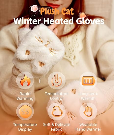 Cute Electric Heated Gloves – 3000mAh Battery, Wearable Hand Warmers for Women
