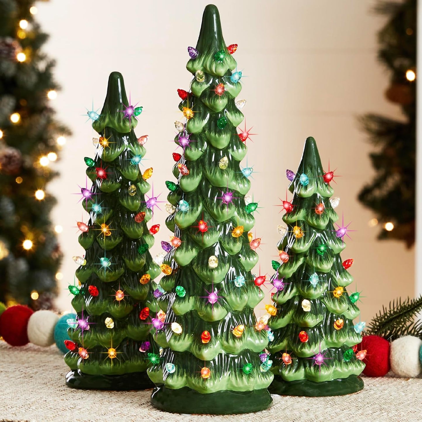 3-Piece Ceramic Christmas Tree Set – Pre-Lit Hand-Painted LED Desktop Decor