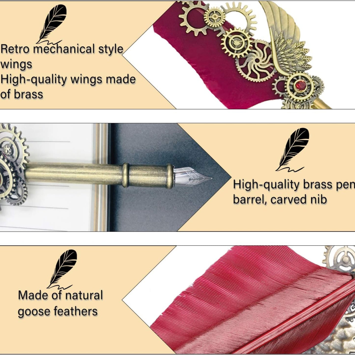 Vintage Feather Quill Pen Set – Steampunk Calligraphy Dip Pen Kit with Ink, Nibs & Pen Holder