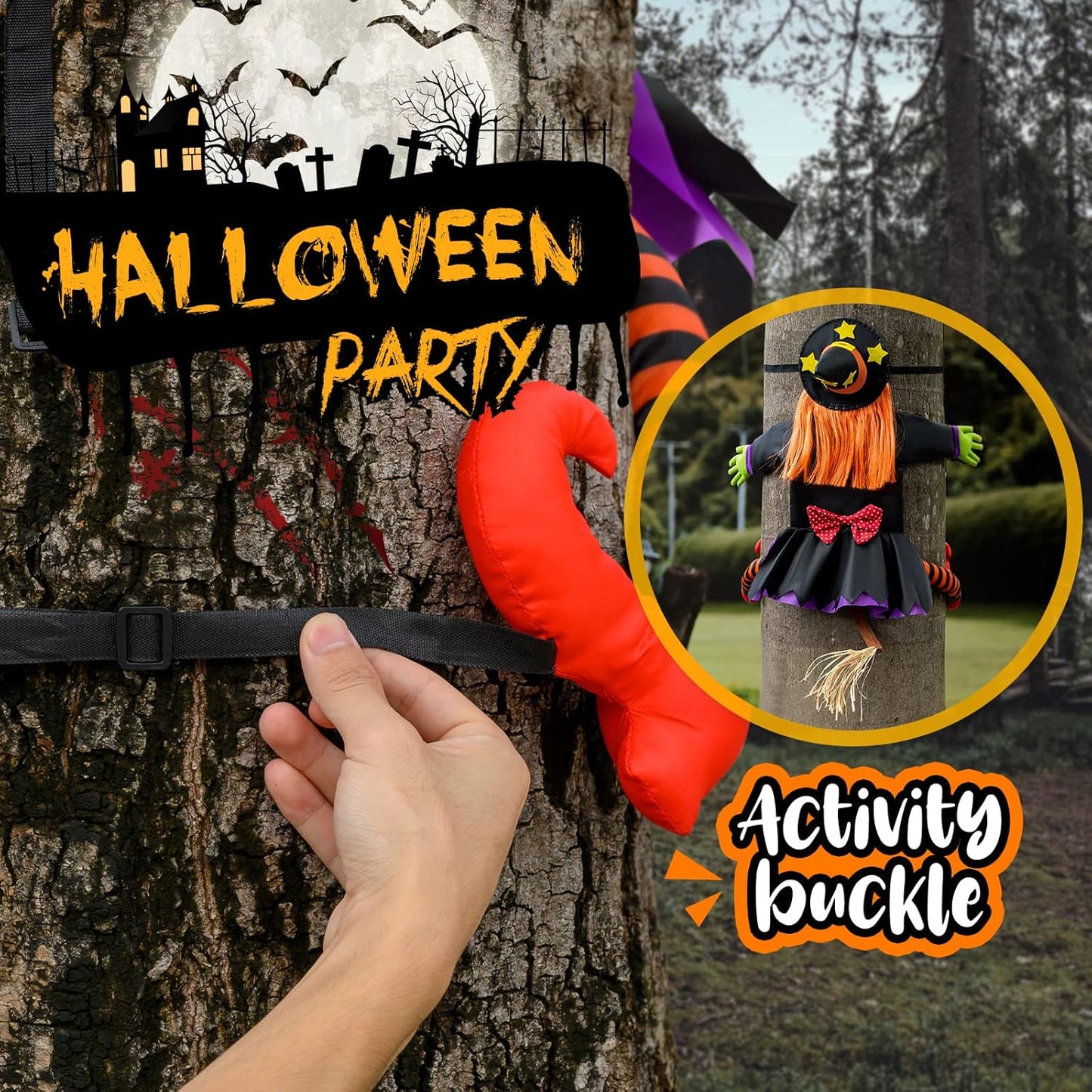Outdoor Halloween Crashing Witch Decoration – 44" Hanging Tree Witch Decor