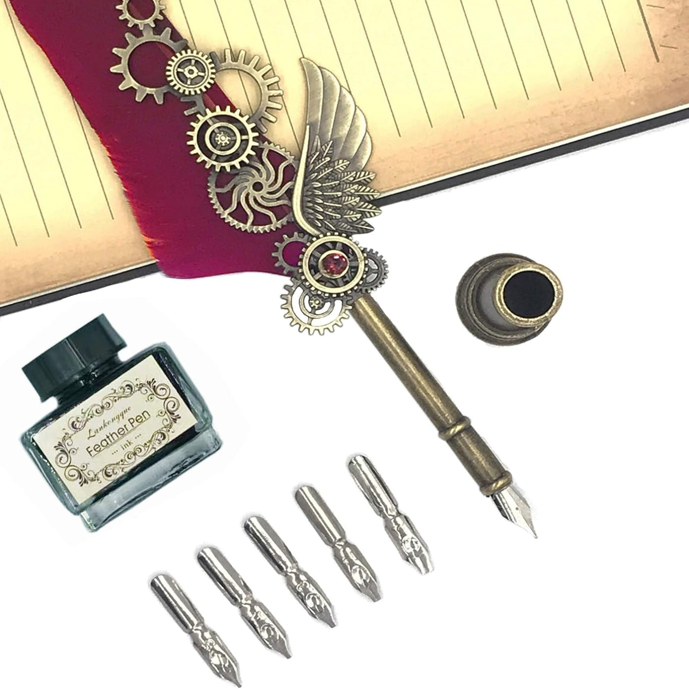 Vintage Feather Quill Pen Set – Steampunk Calligraphy Dip Pen Kit with Ink, Nibs & Pen Holder