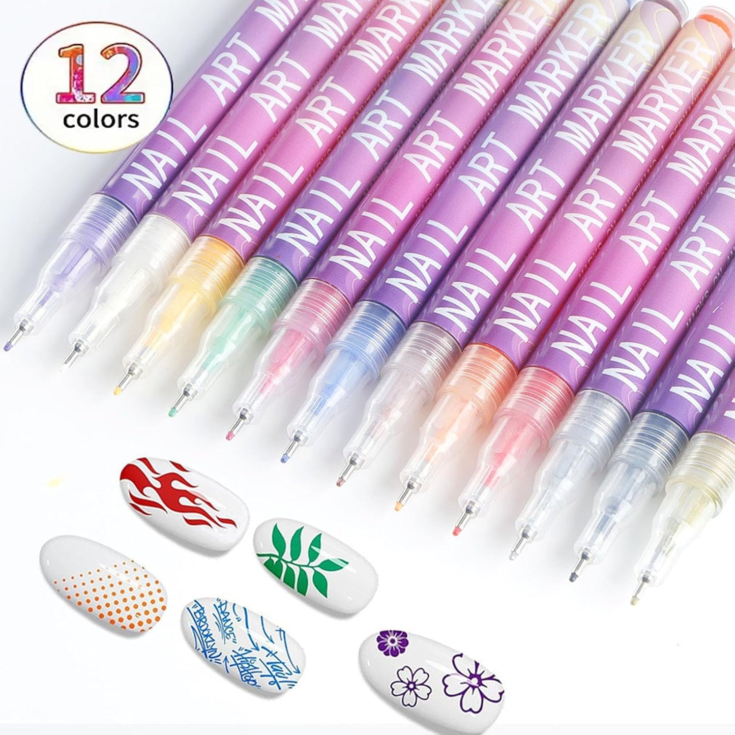 Nail Art Marker Pens – 12 Color DIY Nail Art Pen Set | 3D Gel Nail Pens for Drawing, Dotting & Nail Design
