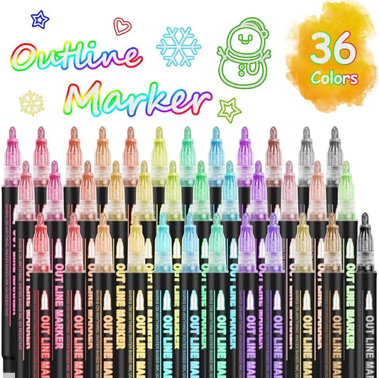 Double Line Shimmer Metallic Outline Markers – 36 Colors | For Doodle Art