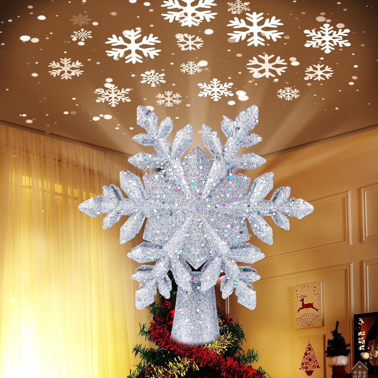 Christmas Tree Topper with 6 Projection Modes – 9.6" Hollow Snowflake Tree Topper