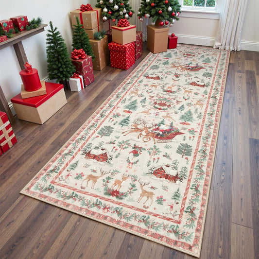Christmas Runner Rug 2x8 Beige – Washable Non-Slip Carpet for Hallway, Kitchen, and Bathroom