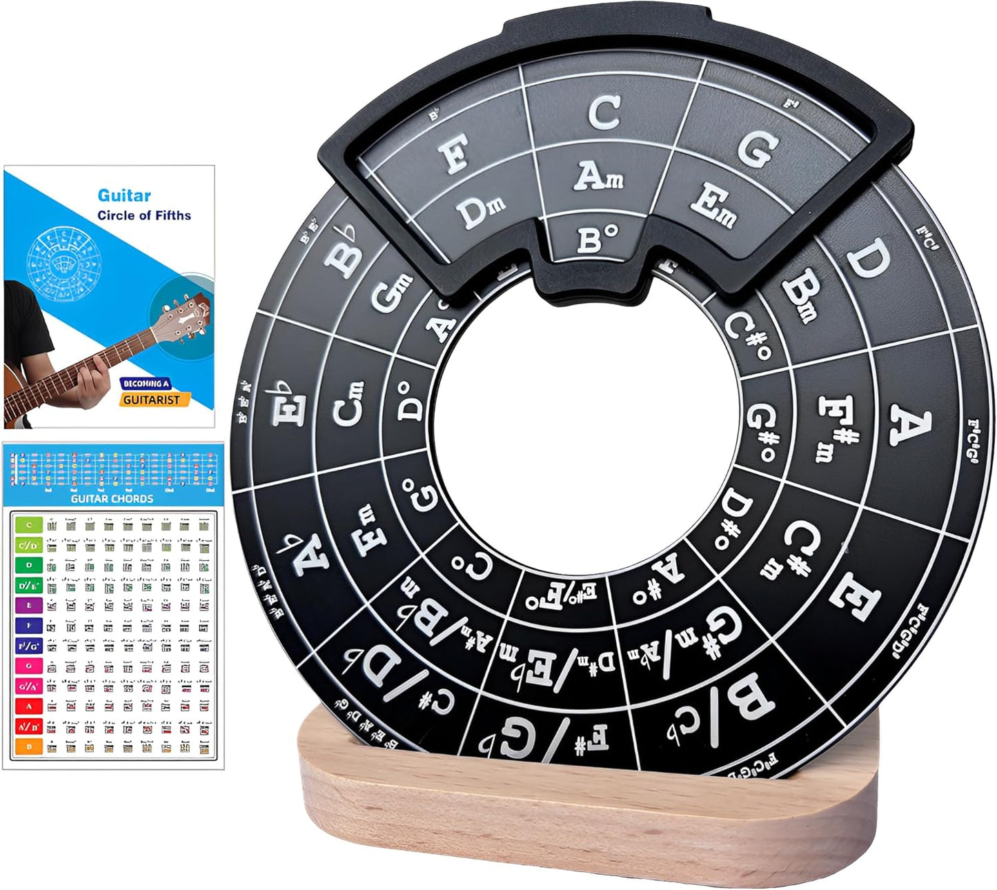 Circle of Fifths Metal Music Tool – With Guitar Chord Chart, Music Theory Book & Wooden Stand