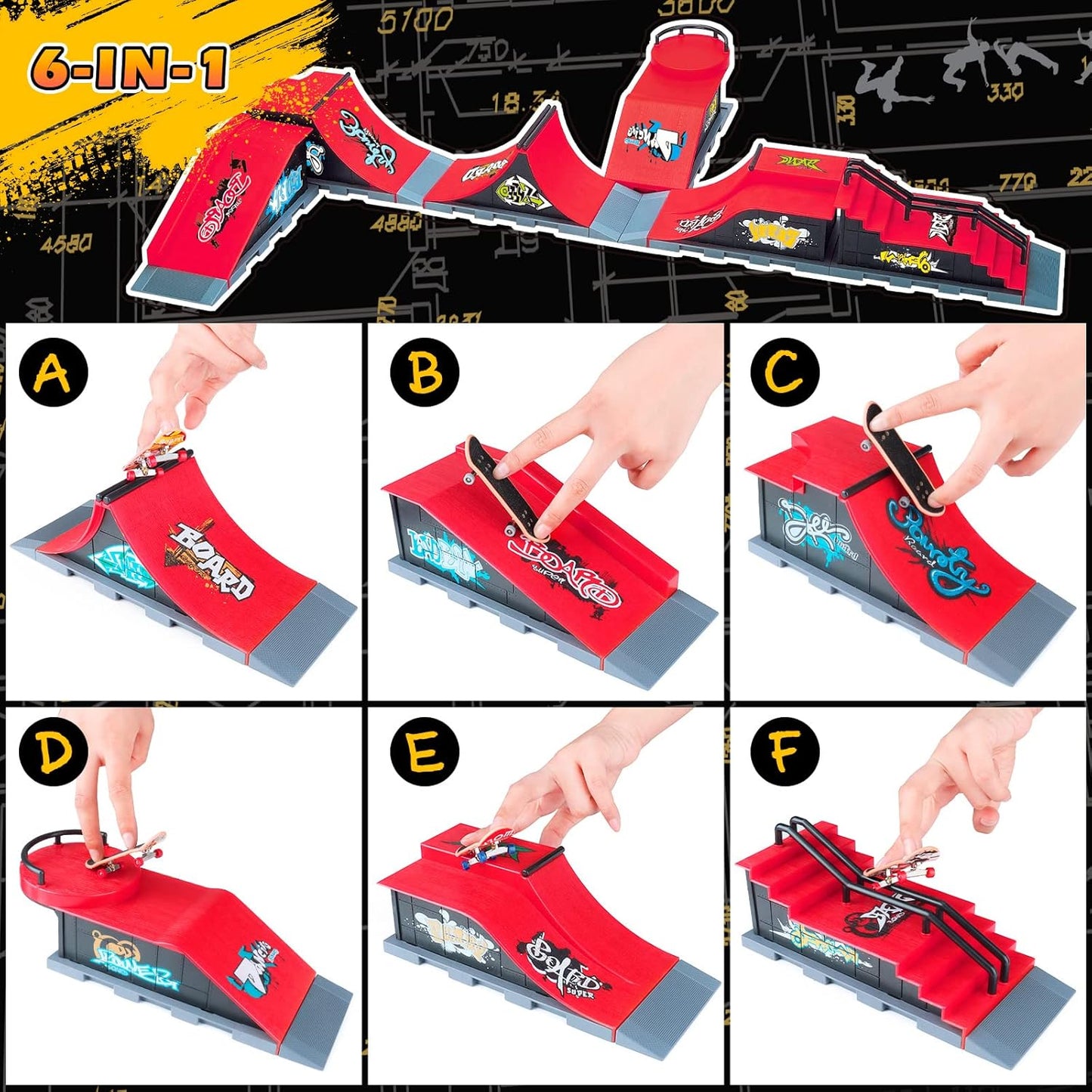 6-in-1 Finger Skateboard Ramp Set – Large Skatepark Kit for Fingerboard Training