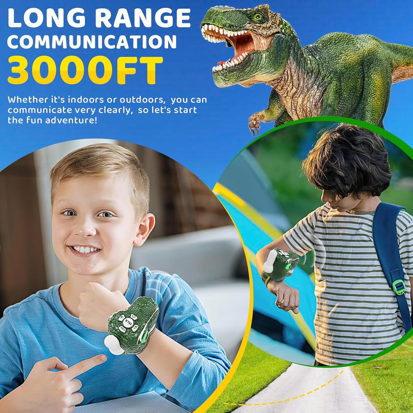 Dinosaur Walkie Talkies for Kids – T-Rex Camping Gear 2-Pack | 3 Channels, Long Range